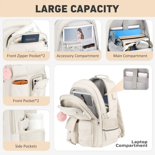 Vista 2 de WINDARS Mochila escolar para adolescentes y niñas, bonita mochila para laptop para mujeres y estudiantes, bolsas de escuela secundaria, bolsa Beige