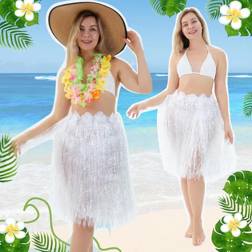 Vista 3 de 6 faldas hawaianas de hierba de Luau Hula de 24 pulgadas, vestido de Luau hawaiano blanco para boda, vestido hawaiano Luau elástico con flores