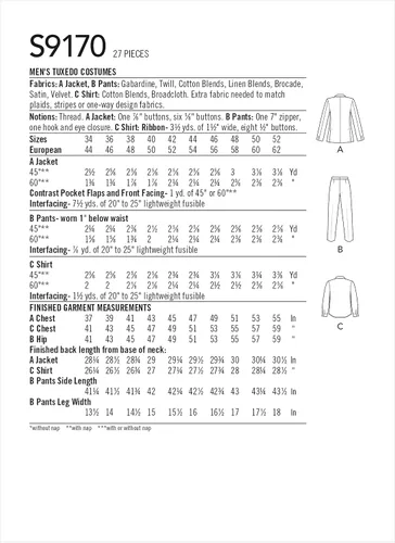 Vista 3 de Simplicity Patrón de costura S9170 - Trajes de esmoquin para hombre, tamaño: AA (34-36-38-40-42)