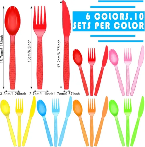 Vista 2 de Cubiertos de plástico desechables con diseño de arcoíris (180 unidades) Includes Forks Spoons Knives cutlery , colorful Utensils Party Supplies