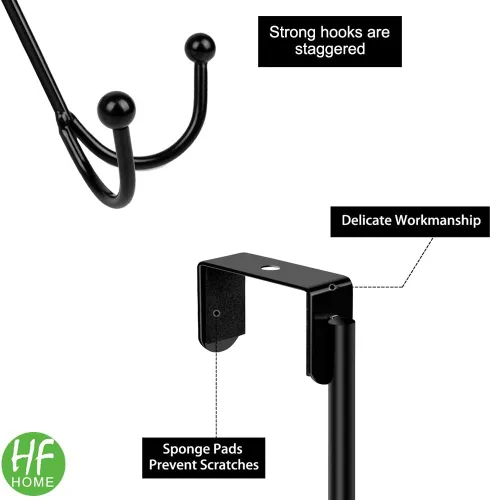 Vista 6 de HFHOME Paquete de 2 ganchos dobles para colgar sobre la puerta, organizador de ganchos dobles de metal para colgar abrigos, sombreros, batas, Negro