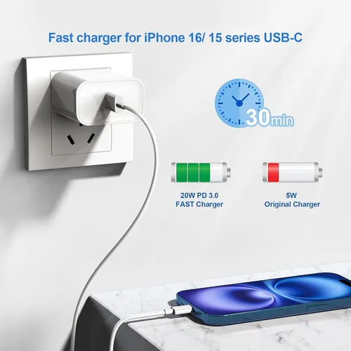 Vista 2 de Cable de 10 pies para Apple iPhone 16 15 Pro Max, cargador de carga rápida, iPad, AirPods 4 (USB-C), 20 W tipo C Blcok de 10 pies de largo, cable