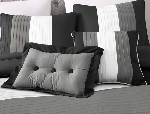 Vista 2 de Chezmoi Collection Loft - Juego de edredón de lujo a rayas de 6 piezas (tamaño individual, negro/gris/blanco)
