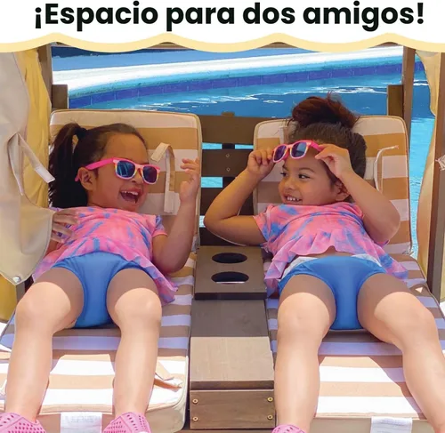 Vista 9 de KidKraft Tumbona doble de madera para exteriores con portavasos, muebles de patio para niños o mascotas, espresso con avena y tela a rayas blancas