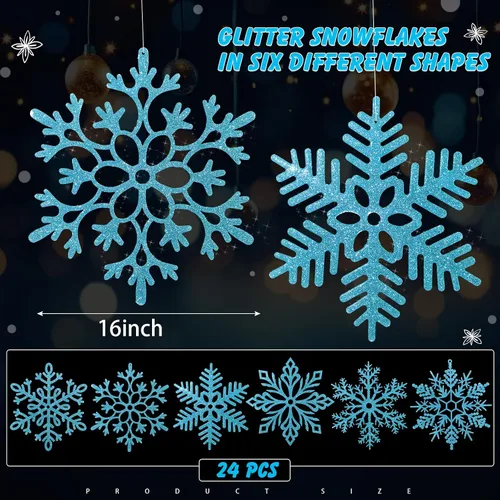 Vista 2 de Sratte 24 adornos de copo de nieve grandes de 16 pulgadas, copos de nieve colgantes decorativos con purpurina gigante, 6 diseños de adornos