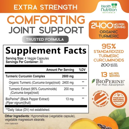 Vista 2 de Suplemento de curcumina de cúrcuma de 2600 mg – 95% curcuminoides con cúrcuma orgánica y pimienta negra BioPerine para una mejor absorción, apoyo