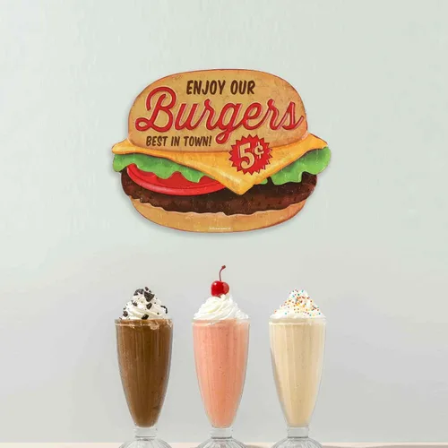 Vista 5 de Enjoy Our Burgers - Letrero de metal en relieve – Letrero vintage de hamburguesas para cocina o cueva de hombre, lo mejor de la ciudad