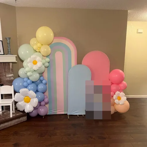 Vista 4 de Fundas de telón de fondo de tela con arco iris para fiestas Groovy Party Boho Pastel Rainbows, fundas elásticas para soporte de arco de cumpleaños