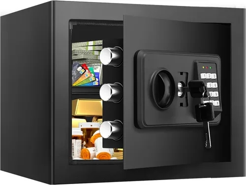 Vista 12 de Cajas fuertes pequeñas para uso doméstico, caja de seguridad digital con cerradura de combinación, llaves de repuesto y estante extraíble, caja