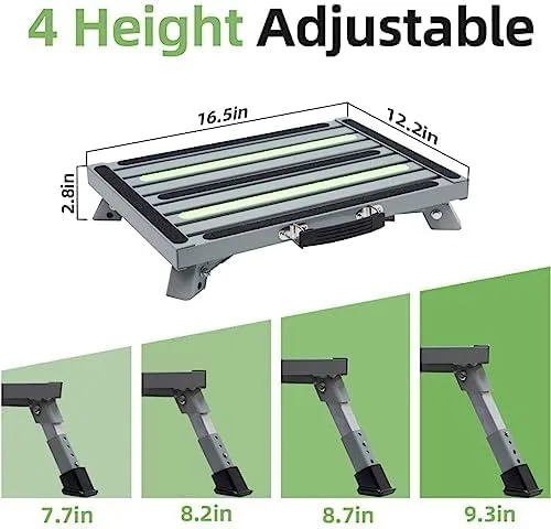 Vista 2 de Iron RV Steps, taburete plegable ajustable de 4 niveles con patas de goma antideslizantes, plataforma de tira fluorescente antideslizante