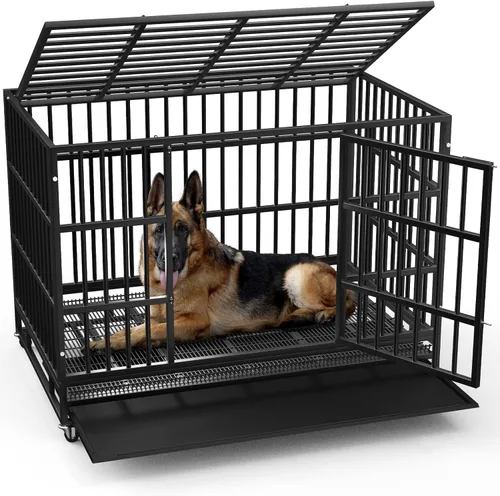 Vista 14 de LEMBERI - Jaula para perro indestructible y resistente de 48/38 pulgadas, a prueba de escapes con ruedas bloqueables, doble puerta para evitar