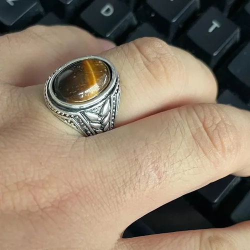 Vista 6 de Anillo de piedra de ojo de tigre amarillo genuino para hombres y mujeres, retro vintage de cristal de cuarzo turco joyería para ella y él
