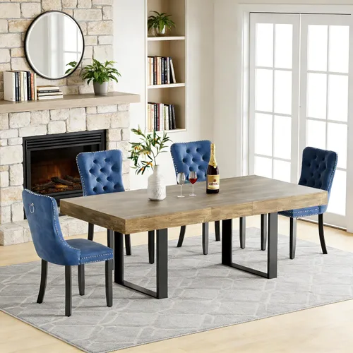 Vista 33 de Juego de mesa de comedor extensible de 5 piezas para 4, mesa de cocina de madera marrón de 63-78.7 pulgadas con 4 sillas acolchadas beige, juego