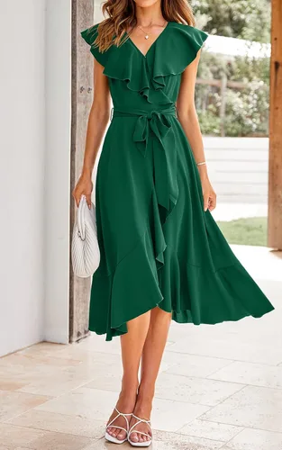 Vista 2 de PRETTYGARDEN Vestido midi cruzado de verano para mujer, casual, bohemio, cuello en V profundo, manga corta, dobladillo con volantes, vestido largo