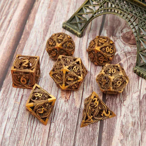 Vista 4 de Juego de dados de metal hueco poliédrico dragón volador 2 juegos para Calabozos y Dragones RPG MTG Juegos de mesa D&D Pathfinder Shadowrun