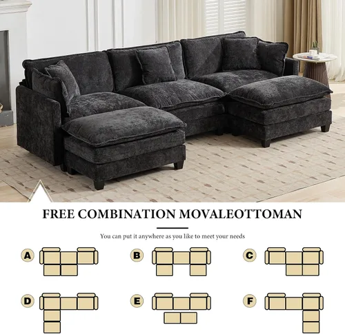 Vista 77 de Sofá seccional modular verde de 111.5", sofás seccionales grandes de 3 plazas para sala de estar, sofá nube oversized de tela chenille con otomana