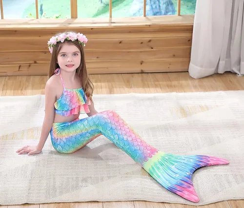 Vista 3 de GALLDEALS Conjunto de bikini de sirena para niñas de 7 a 8 años con monoaleta azul