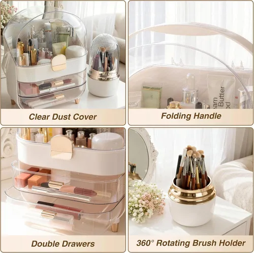 Vista 8 de Juego organizador de cosméticos - Caja de maquillaje con soporte para brochas, organizador de almacenamiento para el cuidado de la piel con cajones