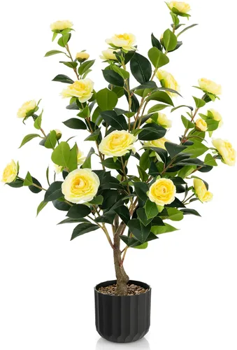 Vista 8 de Árbol de camelia artificial de 36 pulgadas con flores falsas Naranja