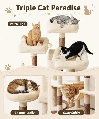 Vista 8 de PMT03BW - Árbol para gatos de interior, torre grande de 71 pulgadas con poste rascador y percha superior, hamaca, condominio para gatos adultos