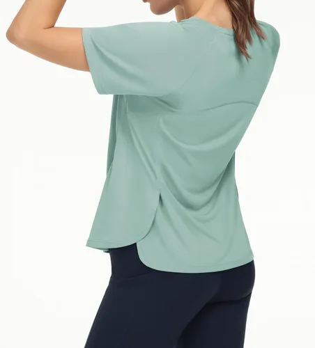 Vista 2 de THE GYM PEOPLE Camisetas de entrenamiento de manga corta para mujer, camisetas de yoga transpirables con aberturas laterales