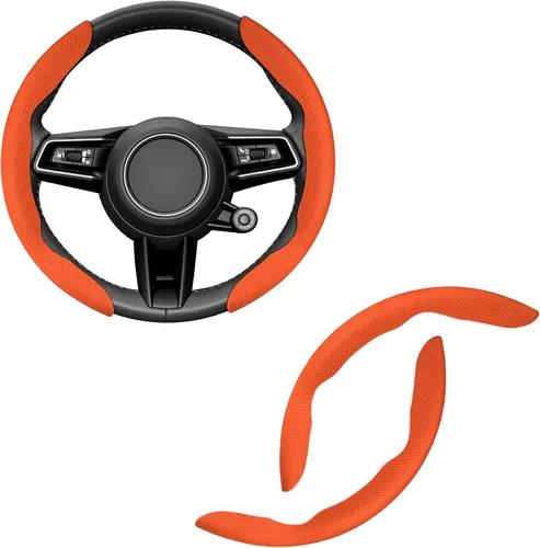 Vista 7 de Amiss Funda de cuero de napa para volante, 2 protectores de rueda segmentados, funda universal para volante de automóvil del 99% (negro)