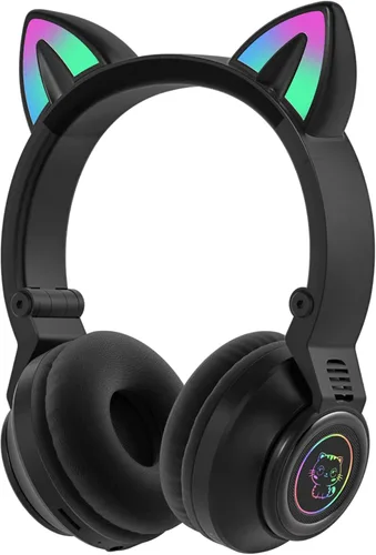Vista 3 de Auriculares Bluetooth con orejas de gato Yusonic, auriculares inalámbricos para niños pequeños, niños y niñas, para Amazon Fire Negro