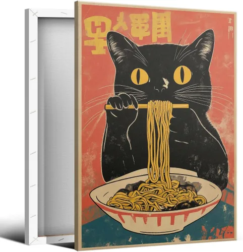 Vista 14 de Arte de pared vintage de gato japonés en lona, póster de gato negro peculiar comiendo ramen, impresión de arte retro de animales divertidos