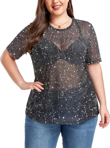 Vista 2 de ForHailey Blusa de manga corta transparente de malla para mujer, talla grande