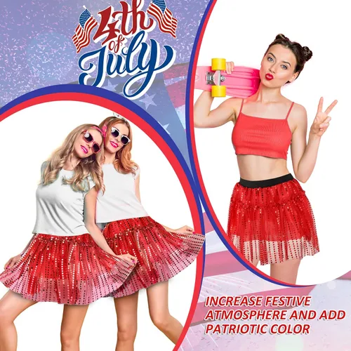 Vista 6 de Jeyiour 4 faldas tutú para mujeres y niñas, disfraz de correr con lentejuelas con purpurina, falda patriótica para adolescentes, fiesta, cosplay