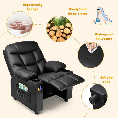 Vista 6 de Costzon Silla reclinable para niños con soporte para tazas, silla de salón de cuero ajustable con reposapiés y bolsillos laterales para habitación
