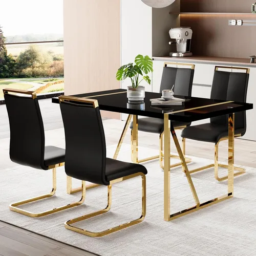Vista 7 de Conjunto de mesa y sillas de comedor Ebullient para 4, mesa rectangular negra de MDF y sillas de cuero PU negro, juego de mesa de comedor de 5