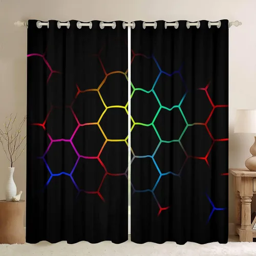Vista 38 de Feelyou - Cortinas de ventana en forma de panal, tema geométrico hexagonal con luces de neón verdes, para chicos adolescentes y hombres, elegante