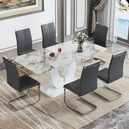Vista 33 de JUFU Juego de mesa de comedor moderno para 4, juego de mesa de cocina rectangular de 63 pulgadas con mesa de mármol sintético y 4 sillas tapizadas