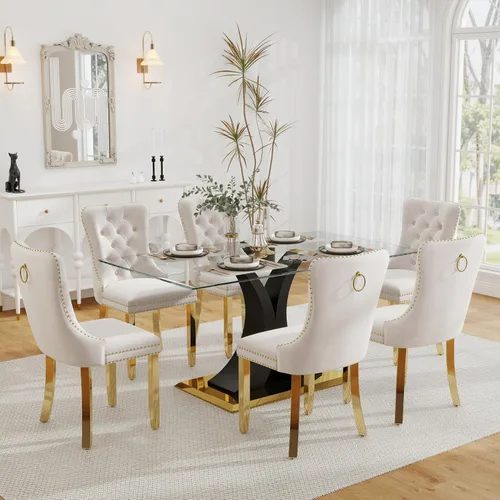 Vista 15 de Juego de comedor de cristal moderno de lujo de 7 piezas, juego de cena rectangular minimalista grande para 6, mesa de cocina de cristal transparente