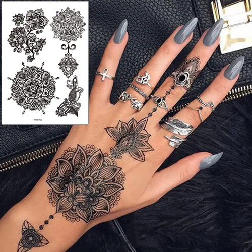 Vista 3 de 6 hojas de tatuajes temporales de henna negra para mujeres y niñas, calcomanías de tatuaje falsas de encaje, misterioso, sexy, mandala, flor, diseño