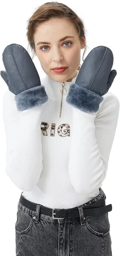 Vista 2 de Surblue Manoplas de piel de oveja de invierno para mujer, piel de cordero de primera calidad