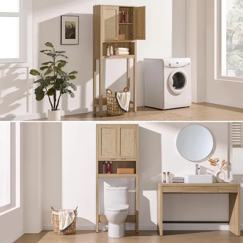 Vista 7 de SICOTAS Over the Toilet Storage Cabinet, Rattan Door Bathroom Organizer Roble claro recuperado