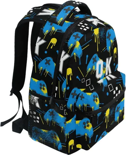 Vista 2 de Dussdil Blue Yellow Game Joysticks Backpacks for Boys Girls Kids Bookbag Elementary School Bag Travel Daypack for 3rd 4th 5th Grade Students Backpack