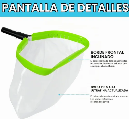 Vista 4 de Red profesional de malla ultrafina para limpiar hojas de limo, arena, polen con bolsa profunda de nailon súper extrafino, marco de aluminio