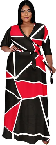 Vista 25 de Runwind Vestidos de Talla Grande para Mujeres Vestido Maxi Floral Suelto Manga 3/4 con Cinturón 01-Negro