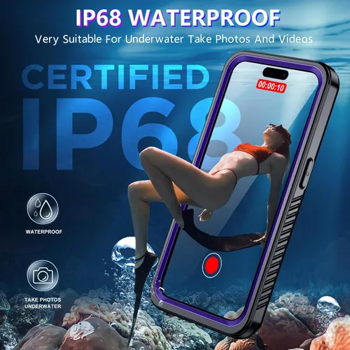 Vista 3 de Funda impermeable para iPhone 15 Pro Max 2025, protector de pantalla integrado y protector de cámara de vidrio, a prueba de golpes, IP68 bajo