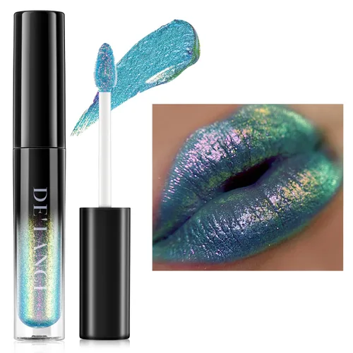 Vista 11 de Lápiz labial Chameleon color azul y verde, brillo de labios metálico brillante para mujeres y niñas, regalo de maquillaje de labios, hidratante