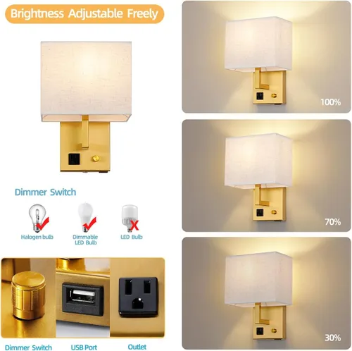 Vista 2 de Aplique de pared enchufable, lámpara de pared de cabecera con enchufe y interruptor regulable, con puerto de carga USB y toma de corriente, adecuado