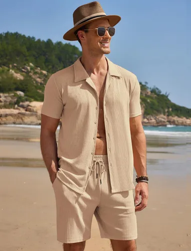 Vista 4 de COOFANDY Conjunto de 2 piezas para hombre, de manga corta, casual, con botones, camisa de verano y playa