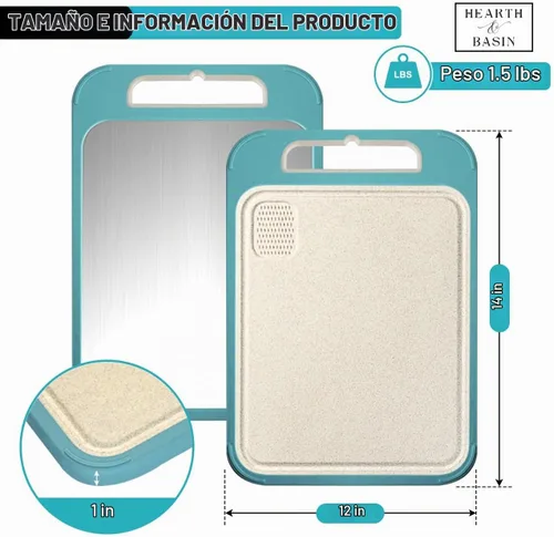 Vista 2 de Tabla de cortar no plástica para cocina, 14 x 11 pulgadas, placa de trigo de doble cara de acero inoxidable, resistente a los arañazos, ranura