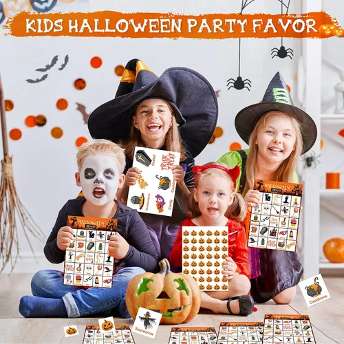 Vista 2 de V-Opitos Tarjeta de juego de bingo de Halloween de gran tamaño para niños y adultos, 6 x 8.5 pulgadas, 28 jugadores, juegos de Halloween