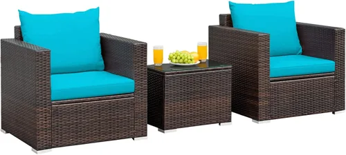 Vista 11 de RELAX4LIFE Juego de sofá de mimbre de 3 piezas, juego de sofá de ratán para patio al aire libre con cojines lavables y mesa de centro de vidrio