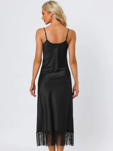 Vista 3 de cheibear Camisones de satén para mujer, camisón largo con borlas y tirantes delgados