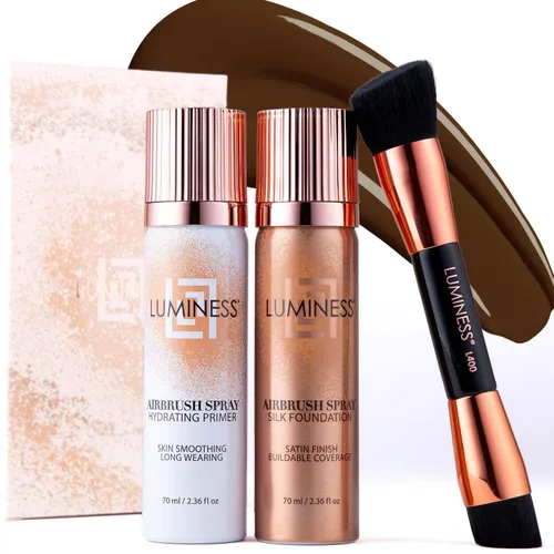 Vista 14 de LUMINESS Silk Airbrush Spray Foundation Kit de 3 piezas – base, prebase y brocha de maquillaje en ángulo de doble cara – Cobertura modulable